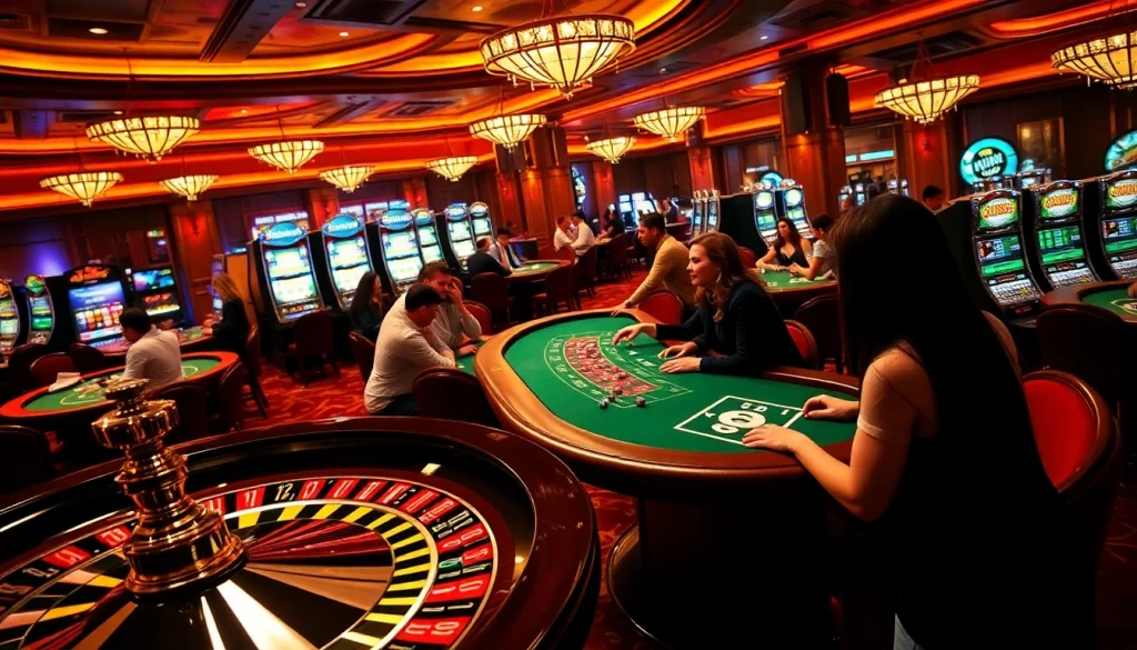 Experience the thrilling atmosphere at AZ888 with lively roulette, poker tables, and vibrant slot machines.
